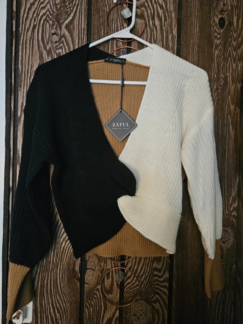 ZAFUL Black, Cream & Tan Colorblock Wrap Cardigan